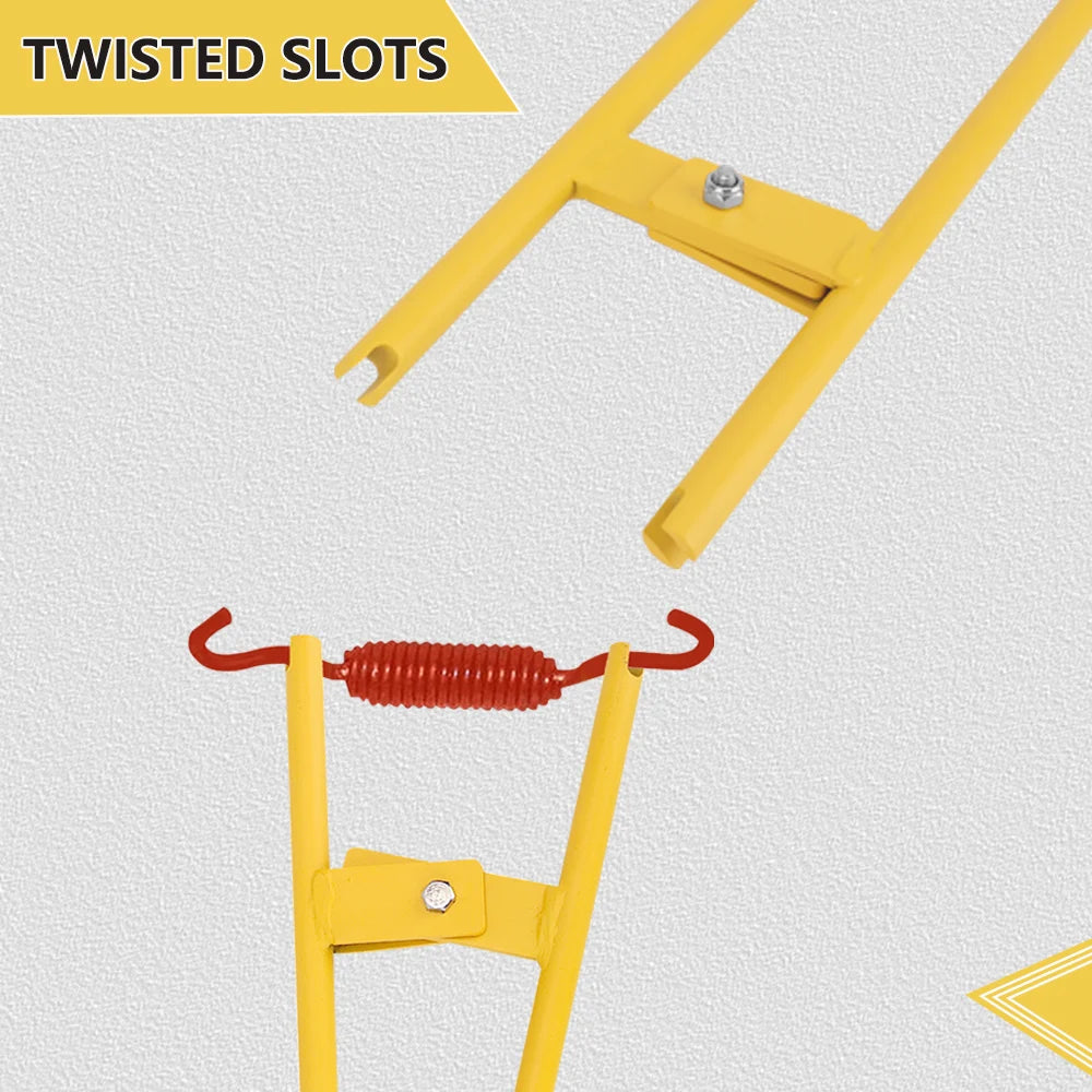Yellow twisted slots tool used to install or remove heavy-duty truck brake springs.