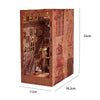 A miniature DIY book nook kit depicting an ornate, detailed room scene with wooden shelves and architectural elements.