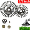 A set of six 6/8 inch carbon steel wire trimmer heads for universal garden brush cutters, including various sizes and a small
