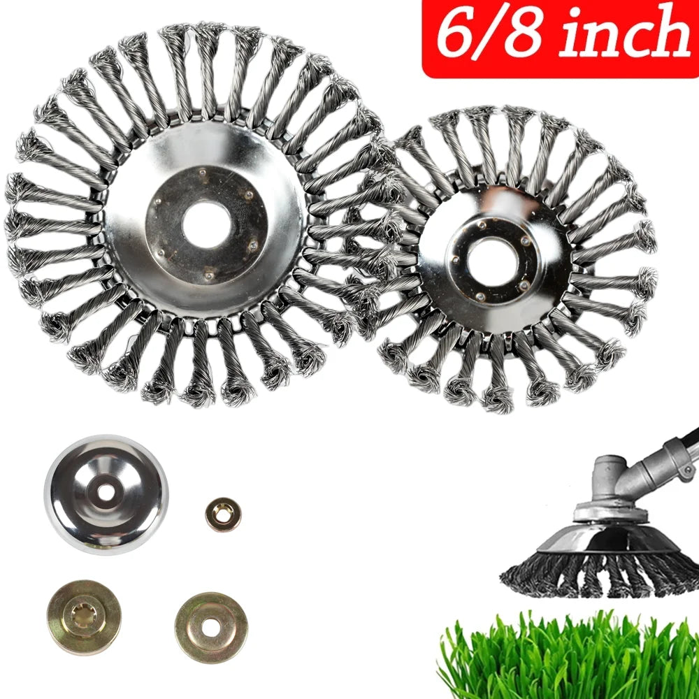 A set of six 6/8 inch carbon steel wire trimmer heads for universal garden brush cutters, including various sizes and a small