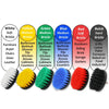 A set of drill brushes in various colors including white, yellow, green, blue, red, and black for cleaning tiles and surfaces