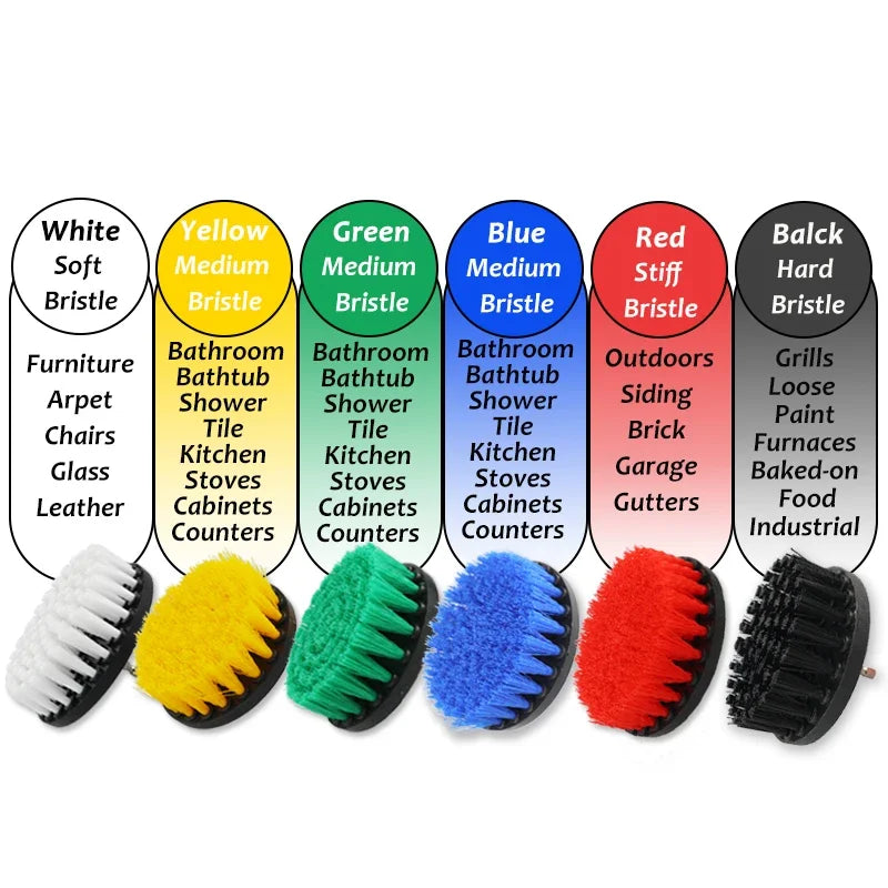A set of drill brushes in various colors including white, yellow, green, blue, red, and black for cleaning tiles and surfaces