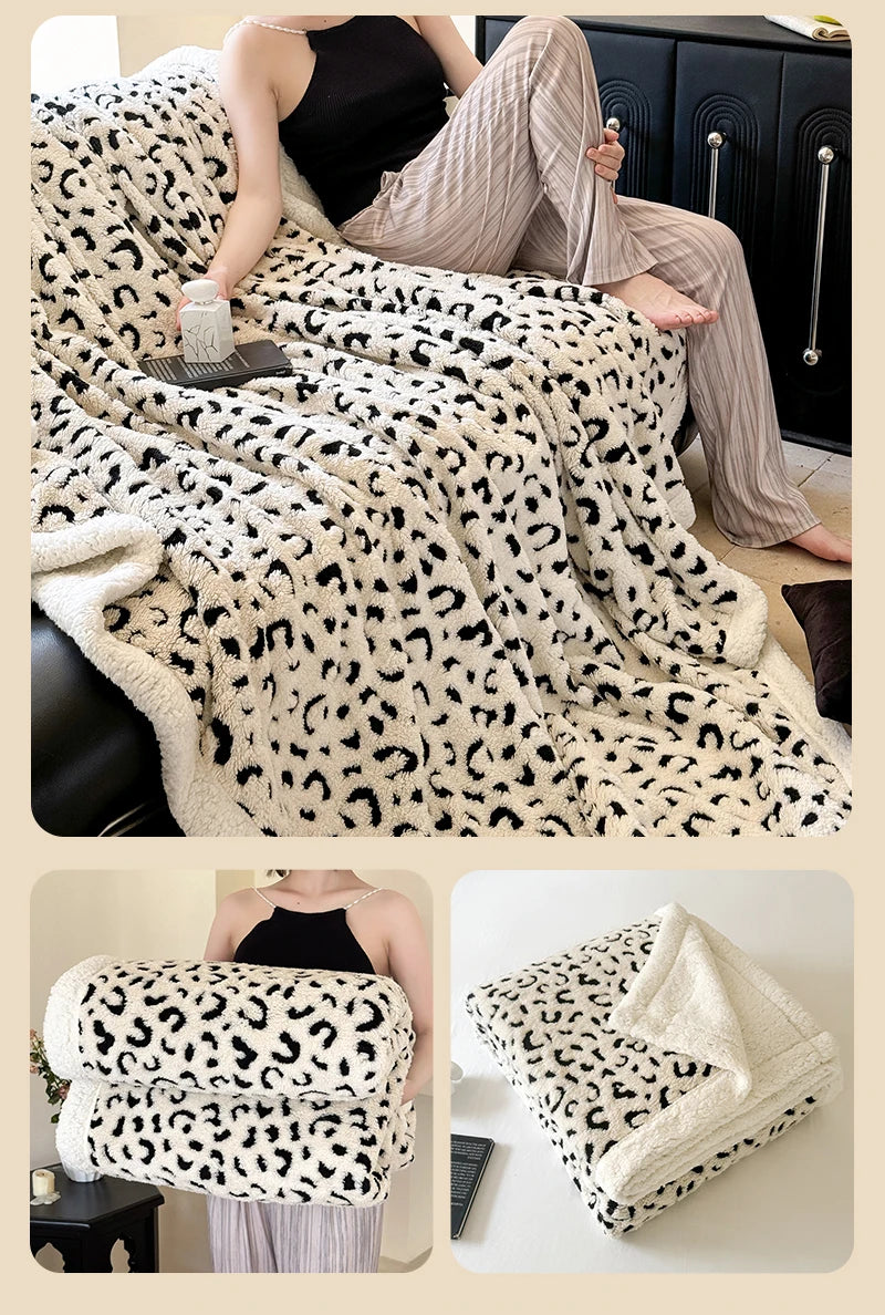 A leopard print plush jacquard throw blanket draped over a sofa and shown in various close-up views.