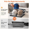 A clear plastic hat organizer holds two baseball caps, demonstrating its see-through design for easy access.