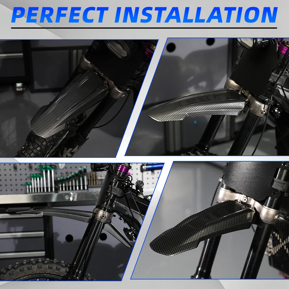 Close-up shots showing the perfect installation of a universal front and rear fender for Sur-Ron electric dirt bikes.