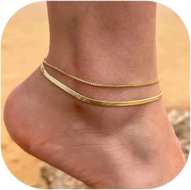 Layered Herringbone Anklet Set