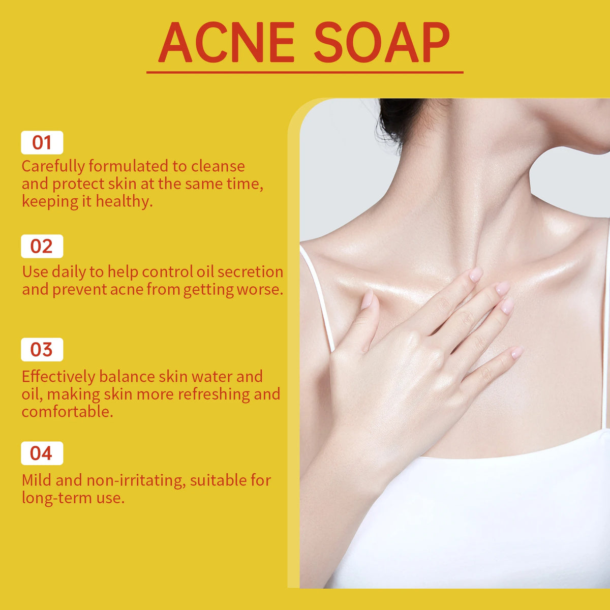A close-up of a hand applying acne soap to the neck and shoulder area of a woman's skin.