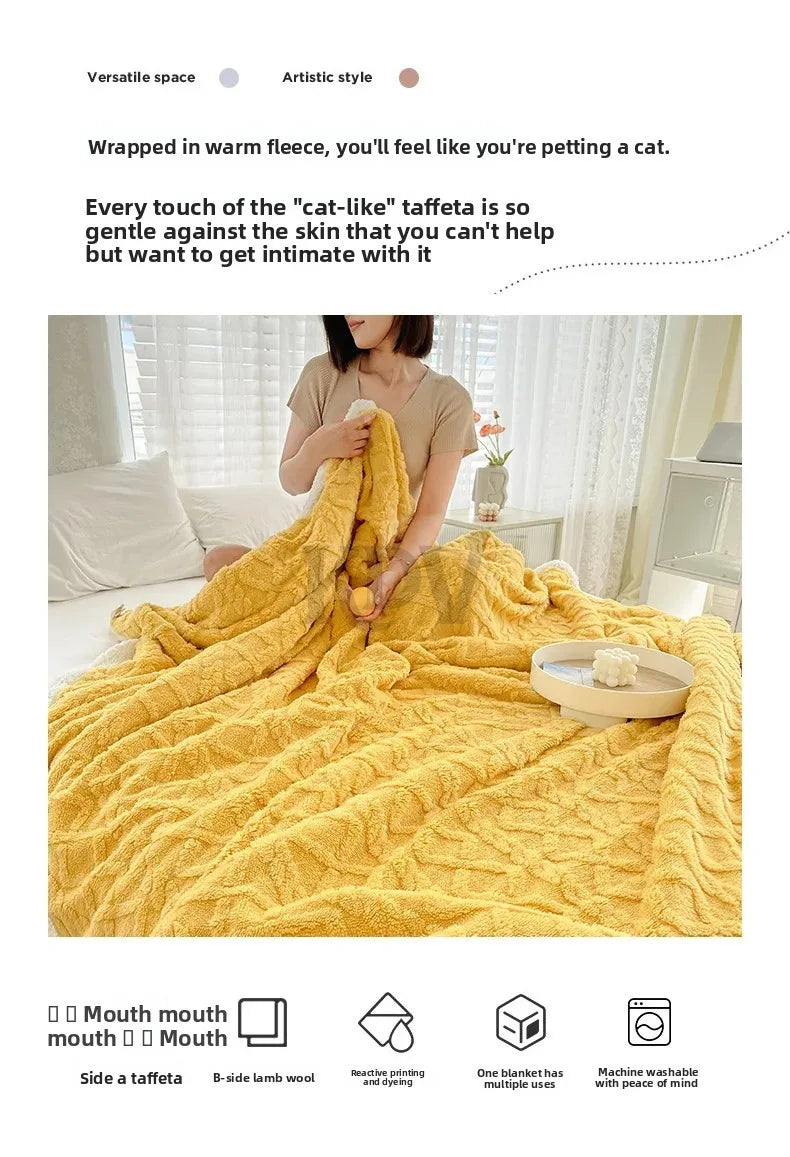 A yellow, textured fleece throw blanket is draped on a bed, emphasizing its soft, cozy texture.