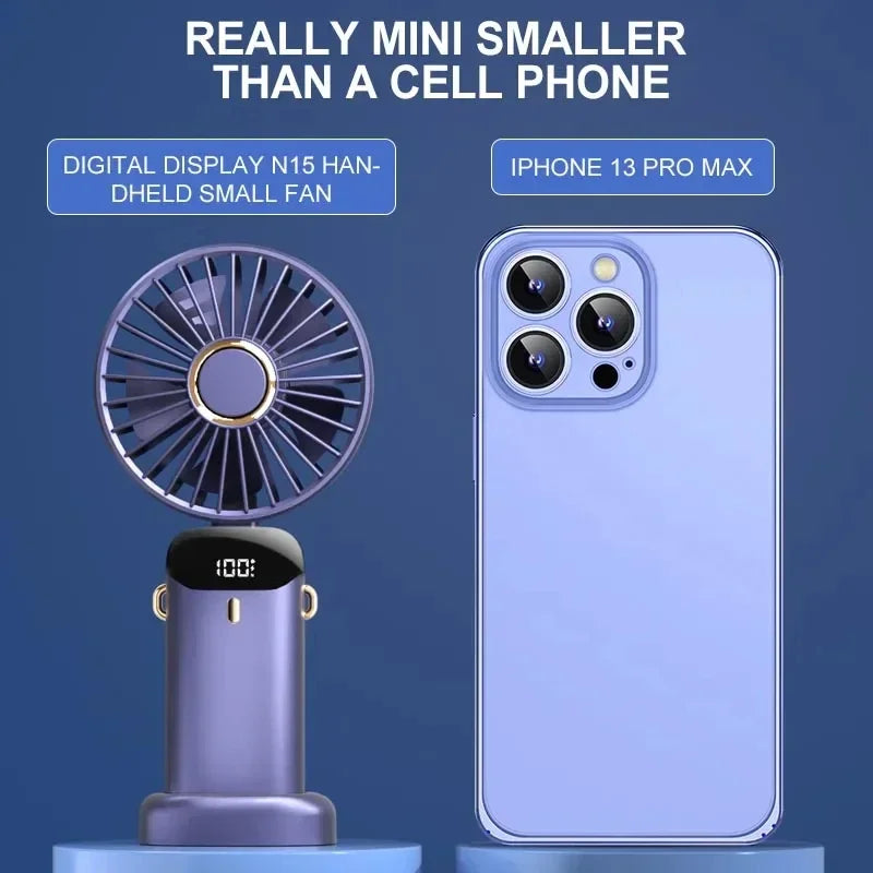 A foldable neck fan with an LED display and phone stand is shown next to an iPhone 13 Pro Max.