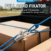 A blue rope cord fixator with a locking clip is shown securing a cardboard box.