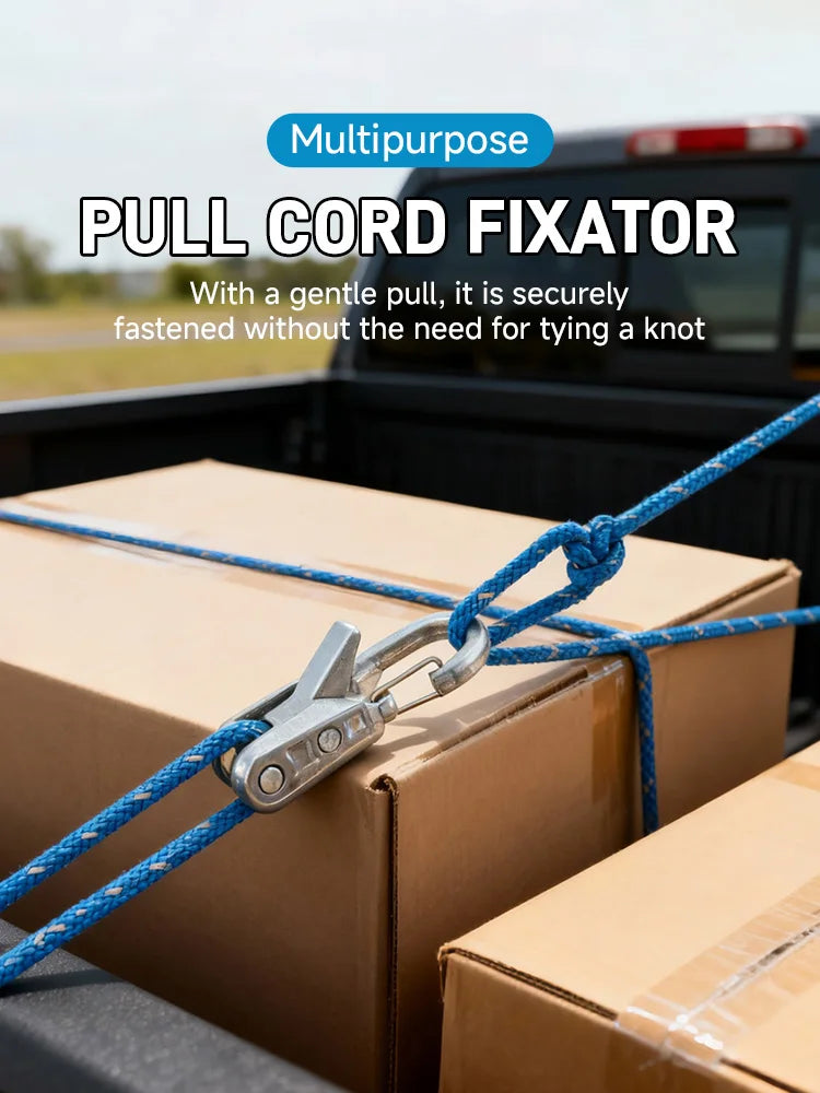 A blue rope cord fixator with a locking clip is shown securing a cardboard box.