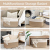 A collection of woven cotton rope storage baskets shown in various contexts including a bedroom, laundry room, living room, a