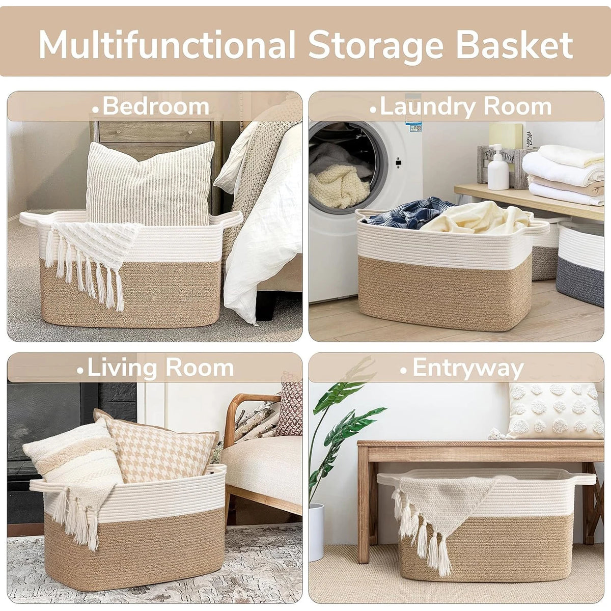 A collection of woven cotton rope storage baskets shown in various contexts including a bedroom, laundry room, living room, a