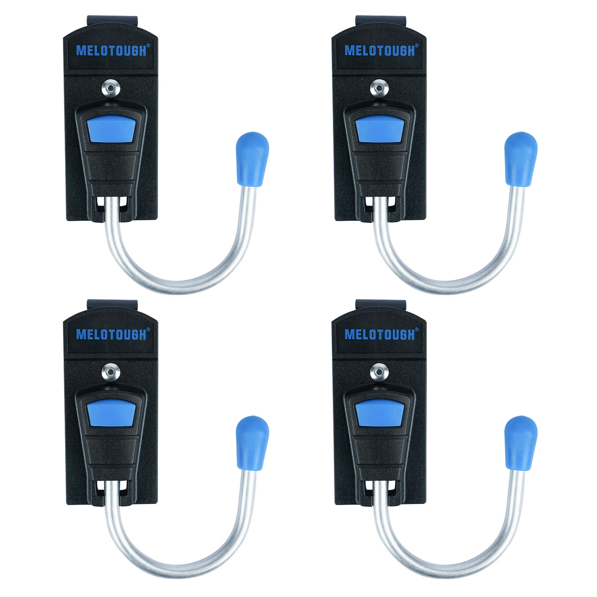 Four views of a black MELOTOUGH holster for a cordless drill with a metal belt hook.