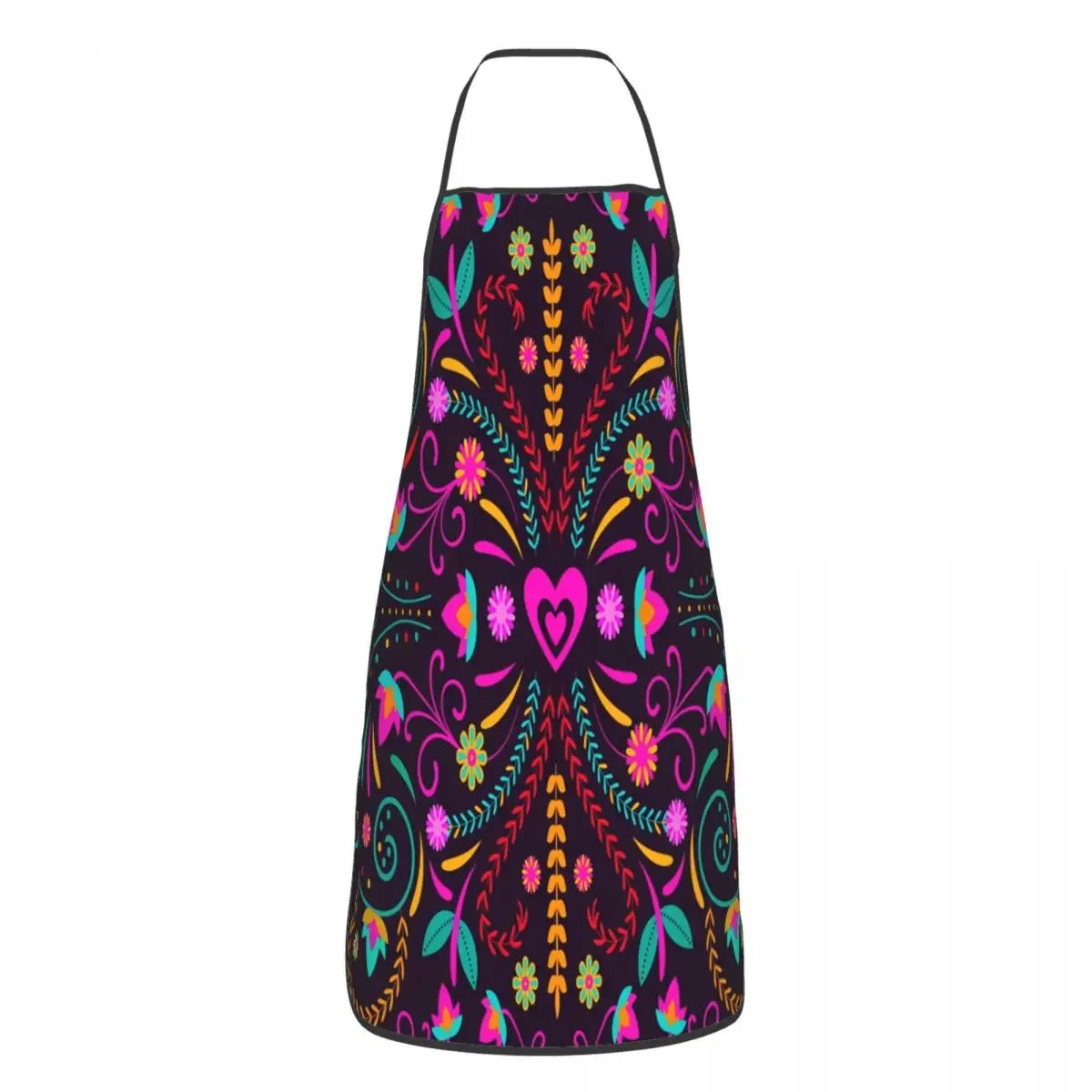 A vibrant Mexican floral art apron featuring a dark background with colorful flowers and leaves.