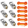 A set of aluminum alloy tent rope tensioners with bright orange reflective cords.