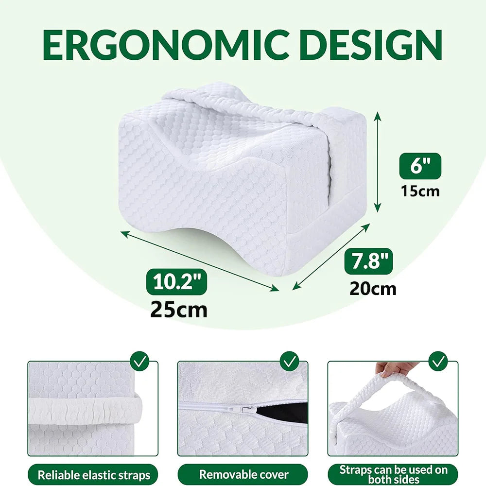White ergonomic memory foam knee pillow shown with dimensions and features like reliable elastic straps and removable cover.