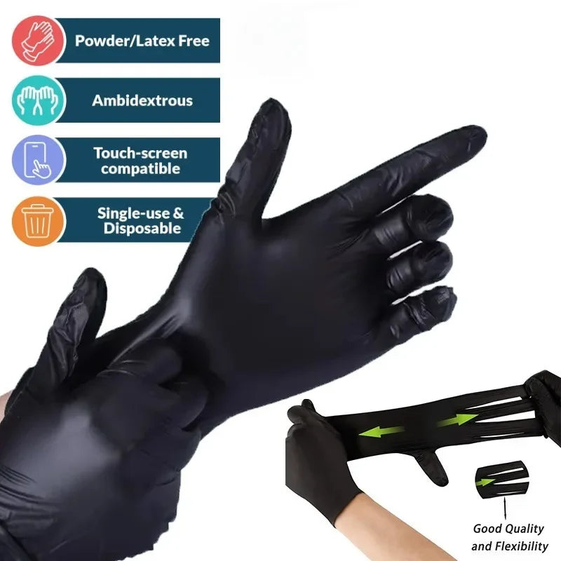 A hand wearing black disposable nitrile gloves is shown, highlighting the glove's flexibility and quality.