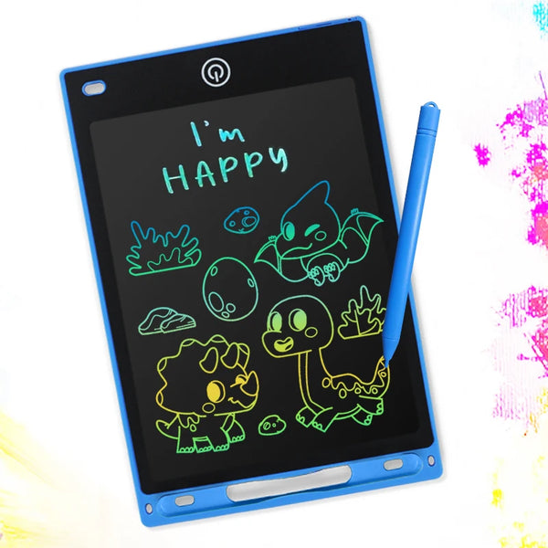 Tableta de escritura LCD azul mostrando el texto "I'm HAPPY" e ilustraciones de dinosaurios y naturaleza verdes y amarillos.