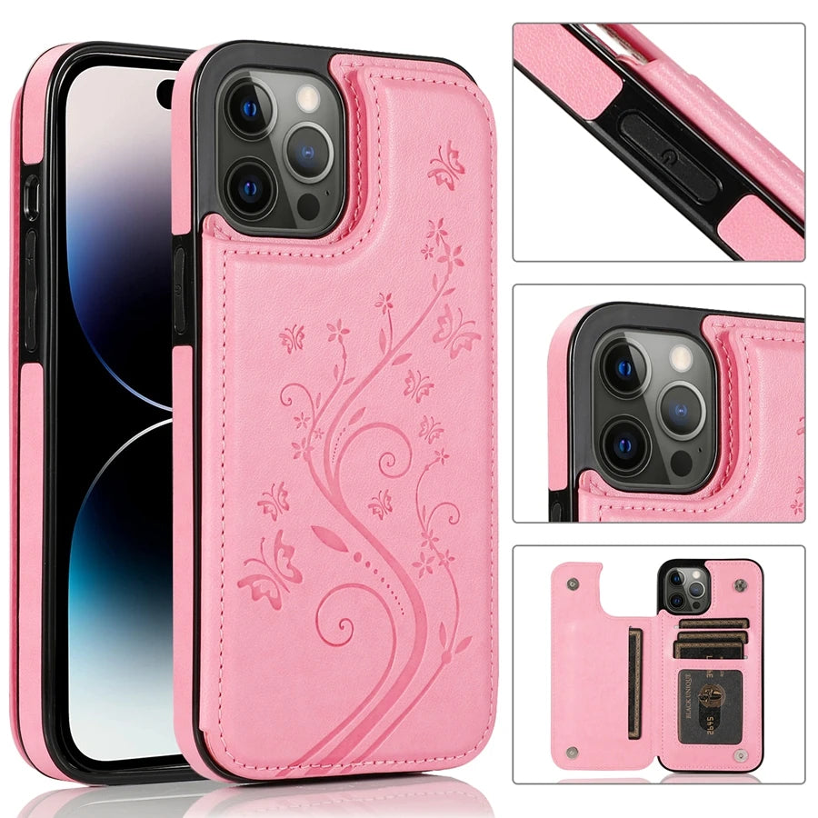 Butterfly Embossed Leather Wallet Case with Magnetic Flip Closure