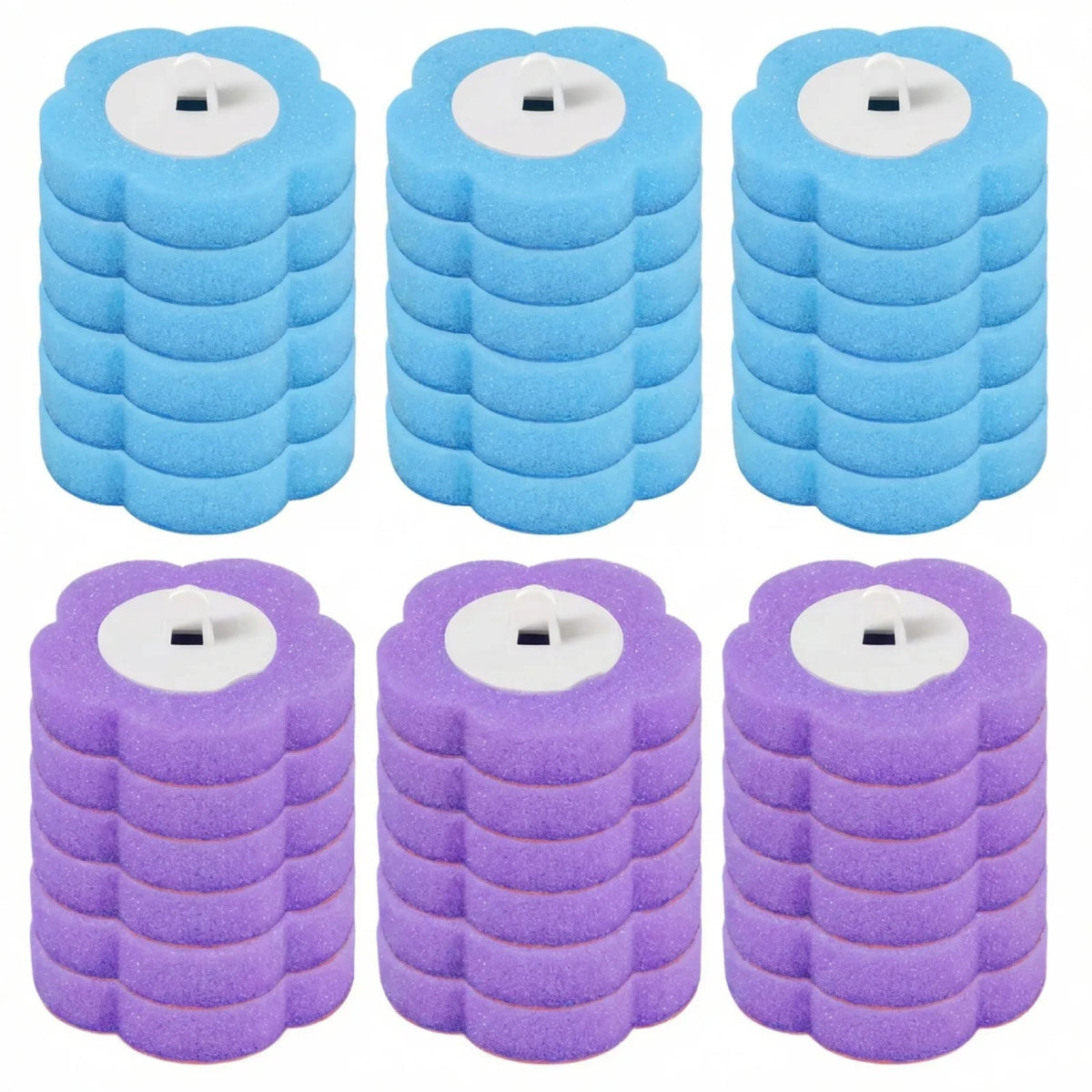 A set of wall-mounted toilet brushes in light blue and purple with disposable heads.