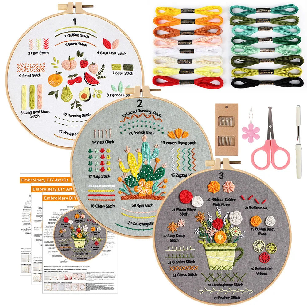 Beginner Embroidery Kit with Stamped Patterns and Tools