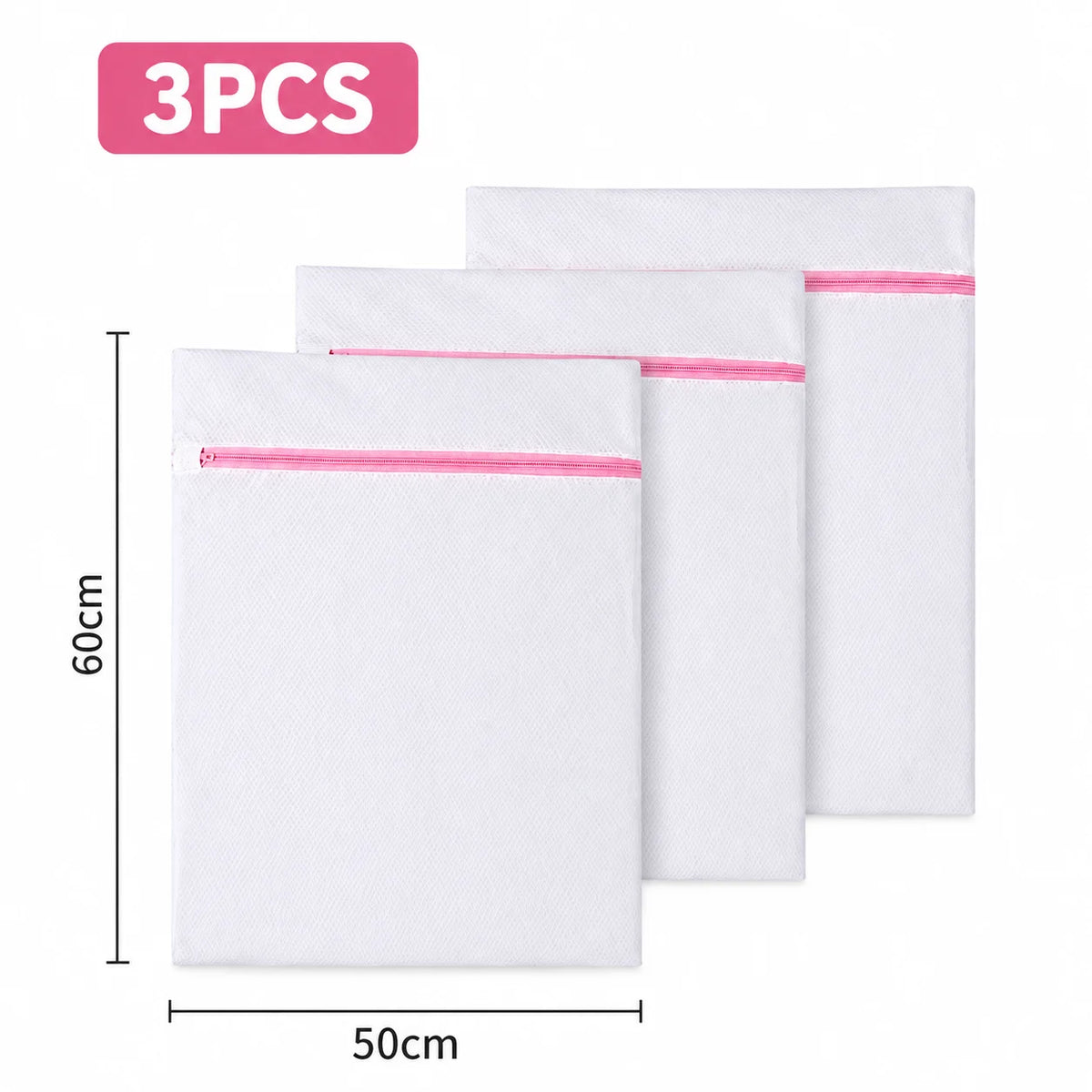 Three white mesh laundry bags with pink trim are displayed side by side.