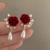 Vintage Velvet Rose Pearl Earrings for Women