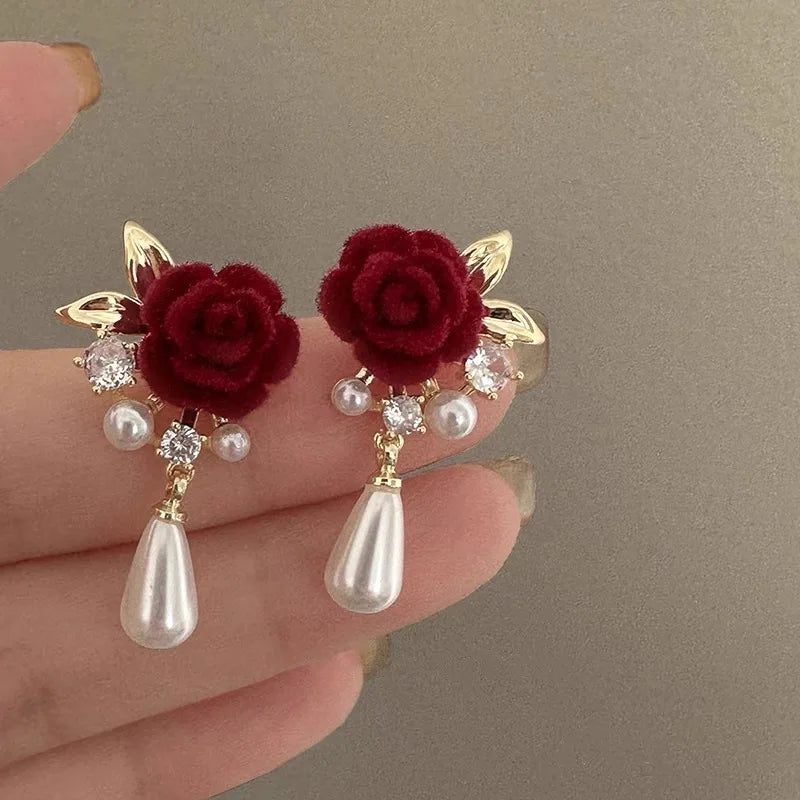 Vintage Velvet Rose Pearl Earrings for Women