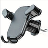 A black universal car air vent phone holder designed to secure smartphones for hands-free use.