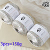 Three balls of glitter yarn labeled MuYuan Frost Words are displayed on a light surface.