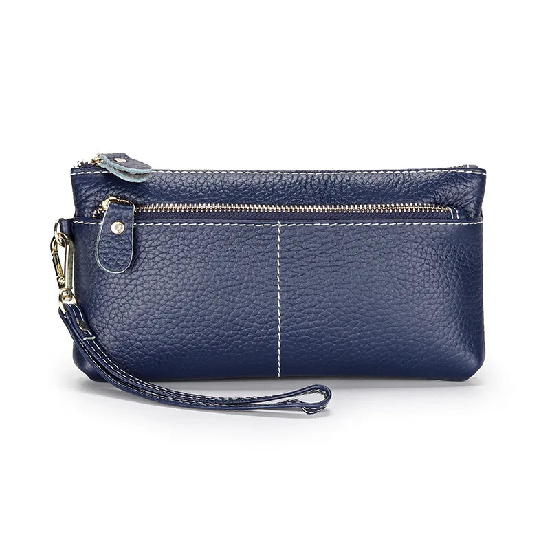 Genuine Cowhide Leather Long Wallet with Zipper Closure