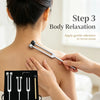A person applies a tuning fork to their neck for body relaxation, with a set of tuning forks visible below.