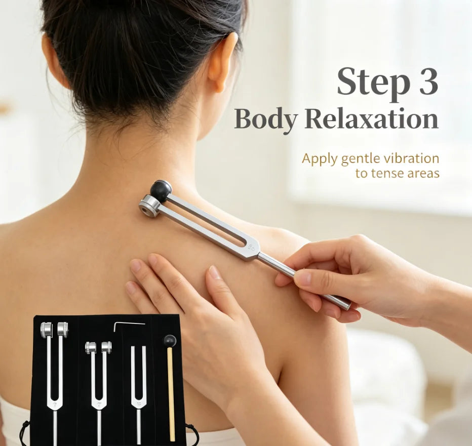A person applies a tuning fork to their neck for body relaxation, with a set of tuning forks visible below.