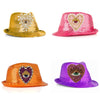 Three women's hats in gold, pink, and purple with sparkling rhinestone patches.
