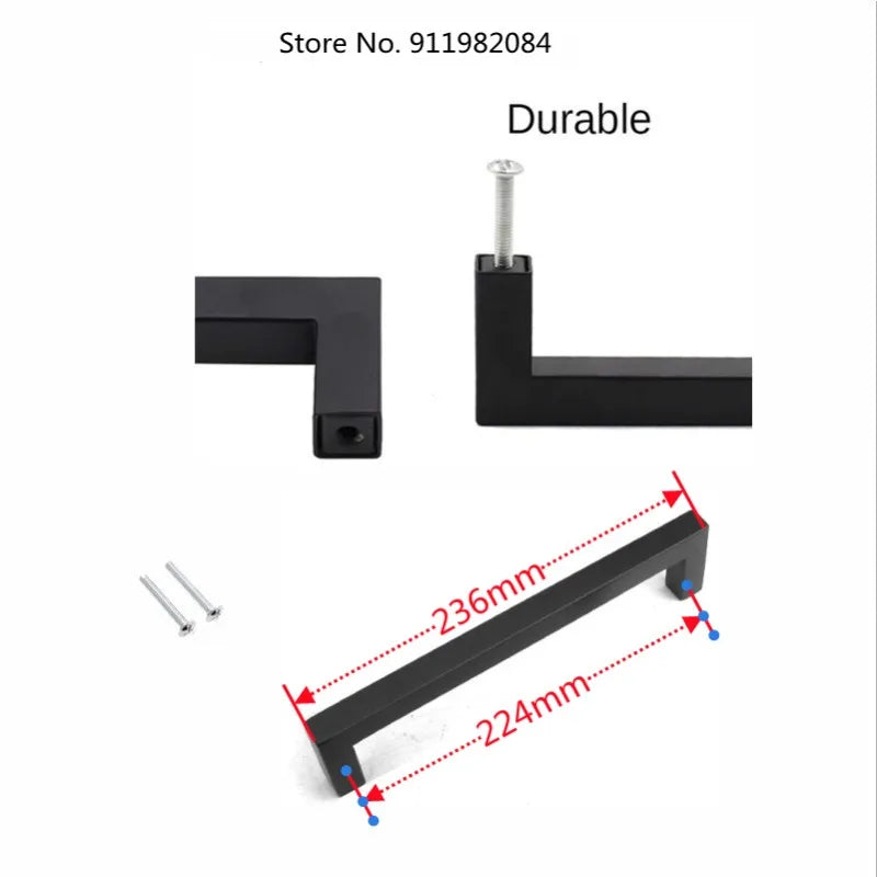 Matte black stainless steel cabinet pulls including a mounting screw and a long pull bar.