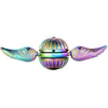 A metal fidget spinner shaped like angel wings, featuring iridescent rainbow colors.