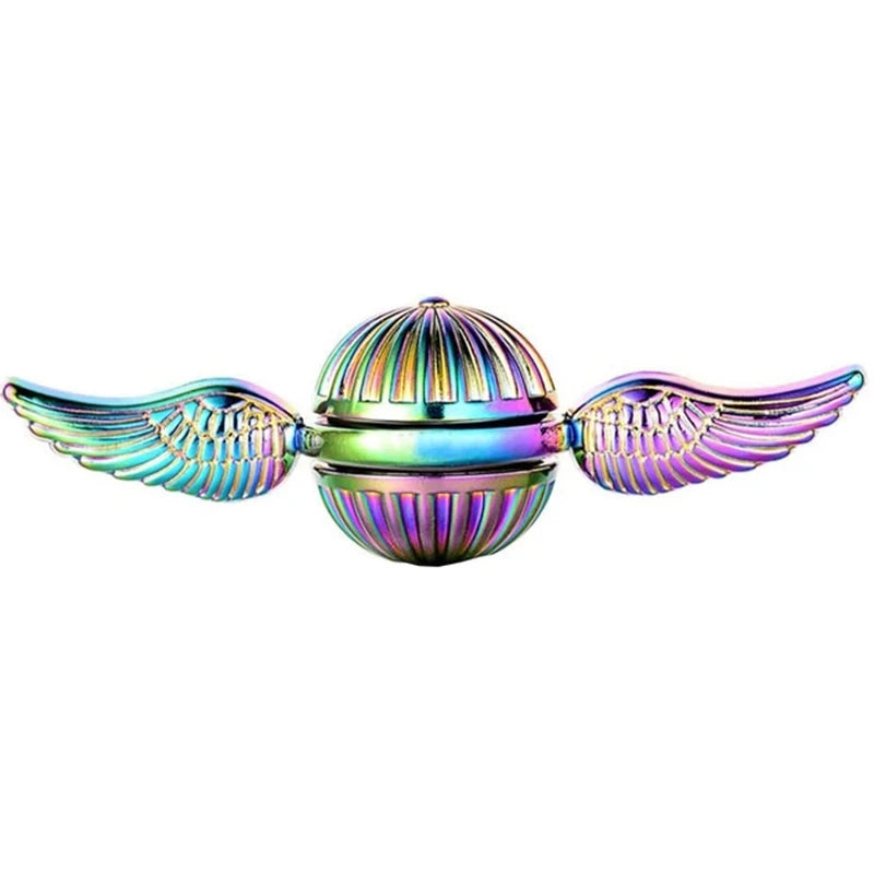 A metal fidget spinner shaped like angel wings, featuring iridescent rainbow colors.