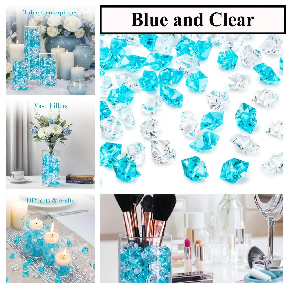 Blue and clear acrylic crushed ice gems used as vase fillers and decorative elements