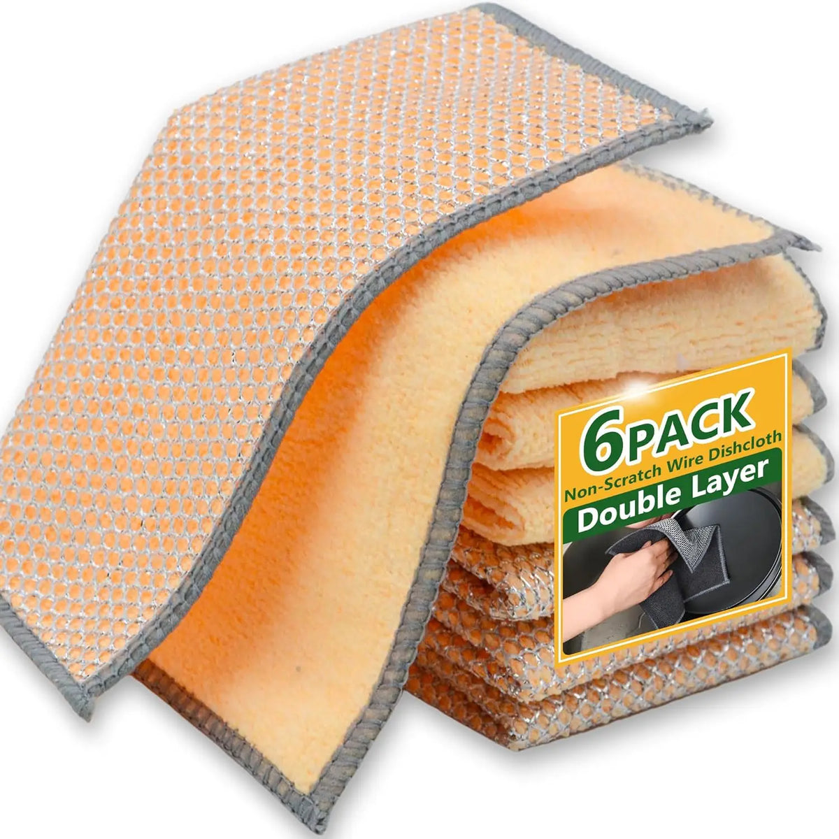 A stack of six pack non-scratch wire dishcloths with a double layer of microfiber and mesh visible.
