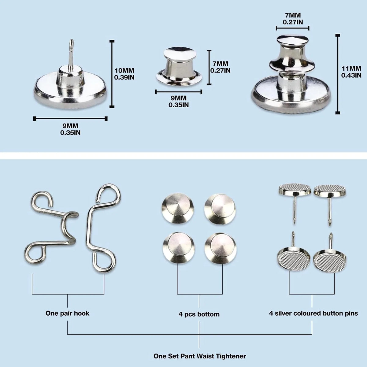 A set of silver jean button extenders and waist tighteners including hooks, buttons, and pins.