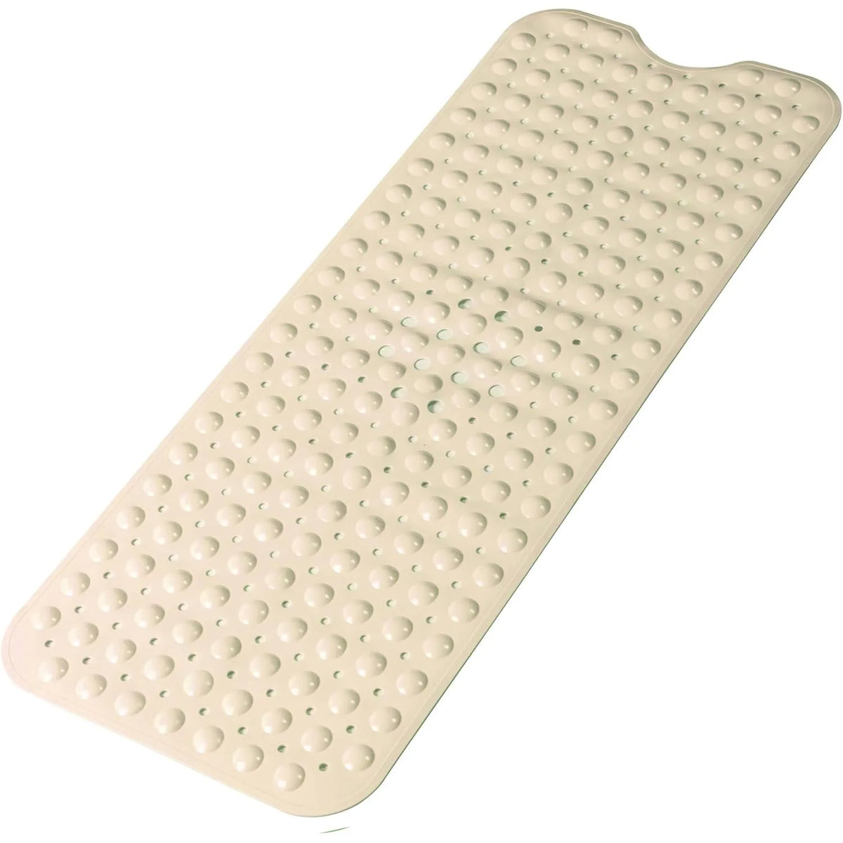 A beige non-slip bathtub mat with numerous suction cups for grip.