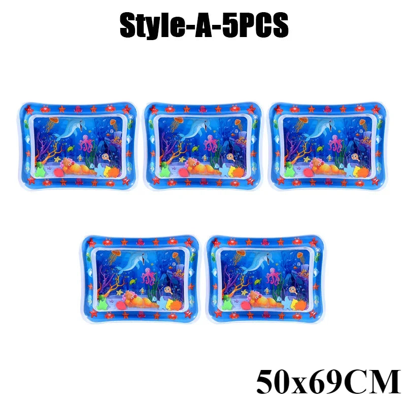 Set of five blue inflatable baby water play mats for sensory development