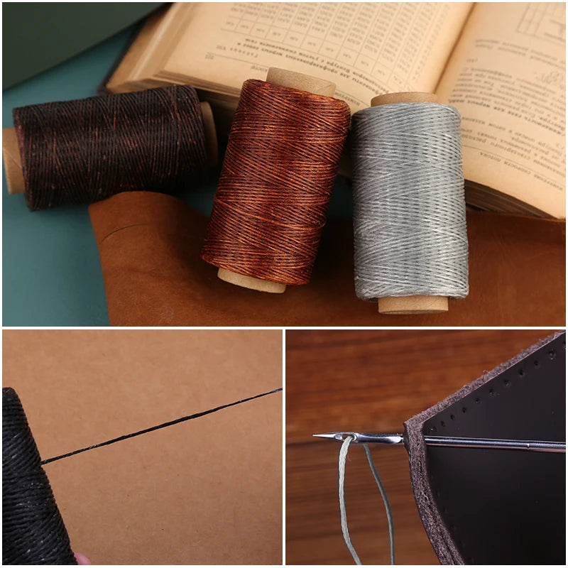 Rolls of waxed polyester thread in brown, copper, and gray colors next to a leather sewing kit.