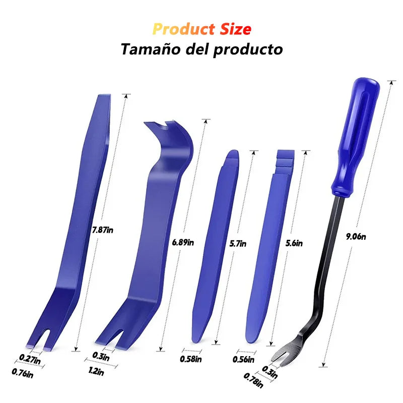 A set of blue car trim removal tools for interior panel and dashboard disassembly, showing various sizes.