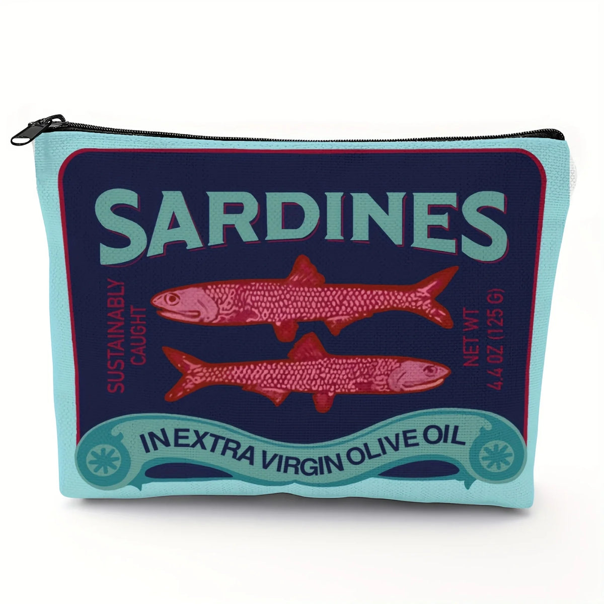 Pochette de maquillage bleu sarcelle avec un design vintage marine affichant le texte Sardines et Huile d'olive extra vierge