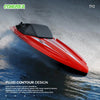 A red high-speed remote control boat with a black canopy is shown cutting through water.