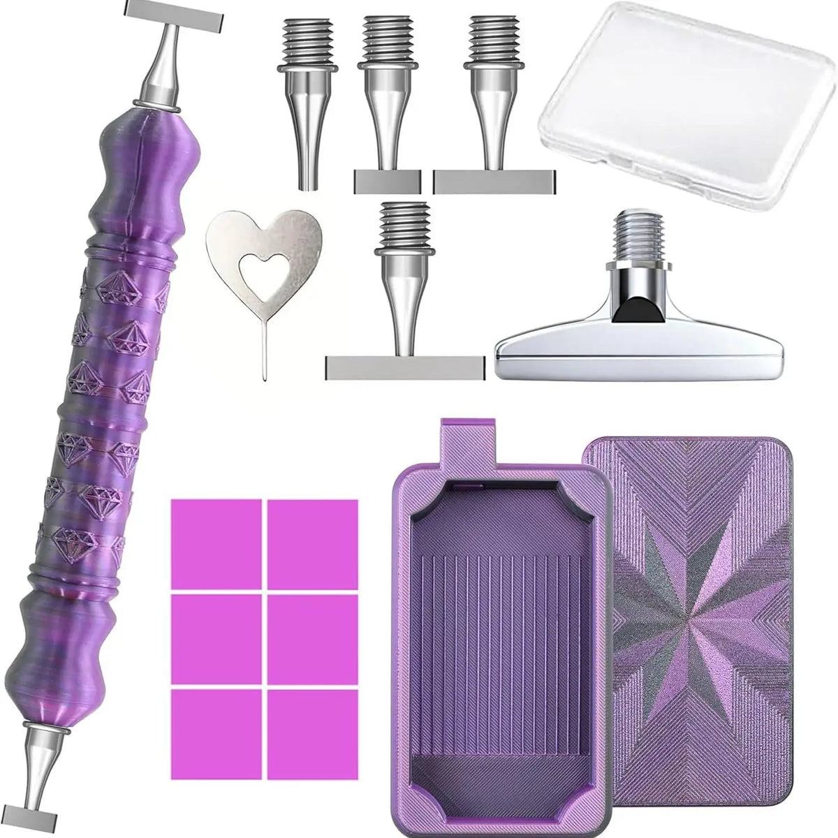 A set of 5D diamond painting pens with steel tips and a storage tray in purple and silver.