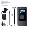 A portable wireless tire inflator device with a digital display, charging cable, air nozzle, and storage bag.