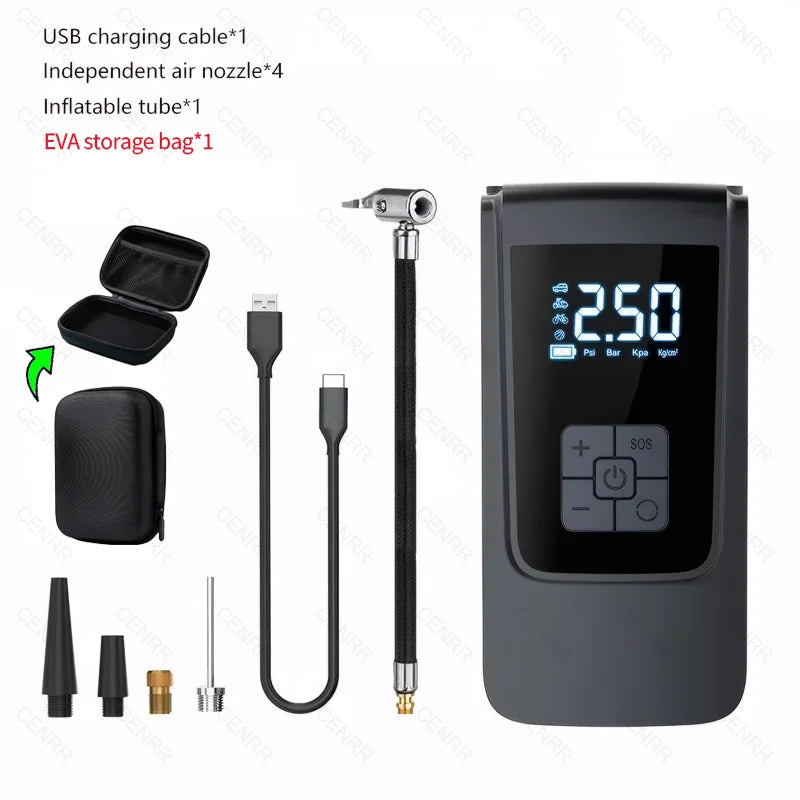 A portable wireless tire inflator device with a digital display, charging cable, air nozzle, and storage bag.